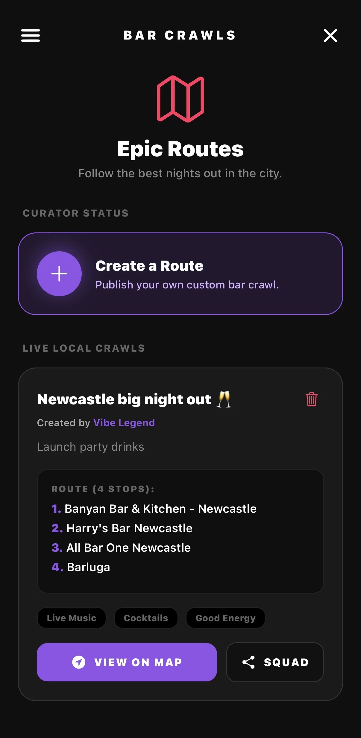 Barz Bar Crawls screen showing a Newcastle big night out route with four venue stops.