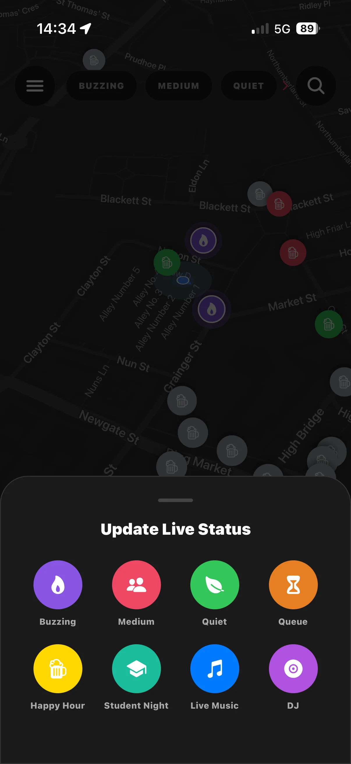 Barz live status update sheet with options including Buzzing, Medium, Quiet, Queue, Happy Hour, Student Night, Live Music and DJ.
