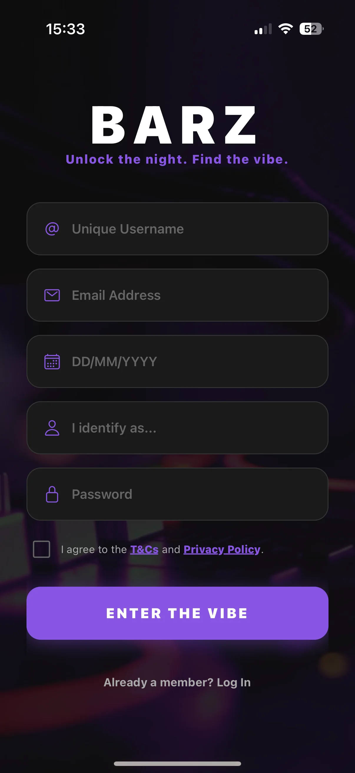 Barz login or sign-up screen inside the mobile app.
