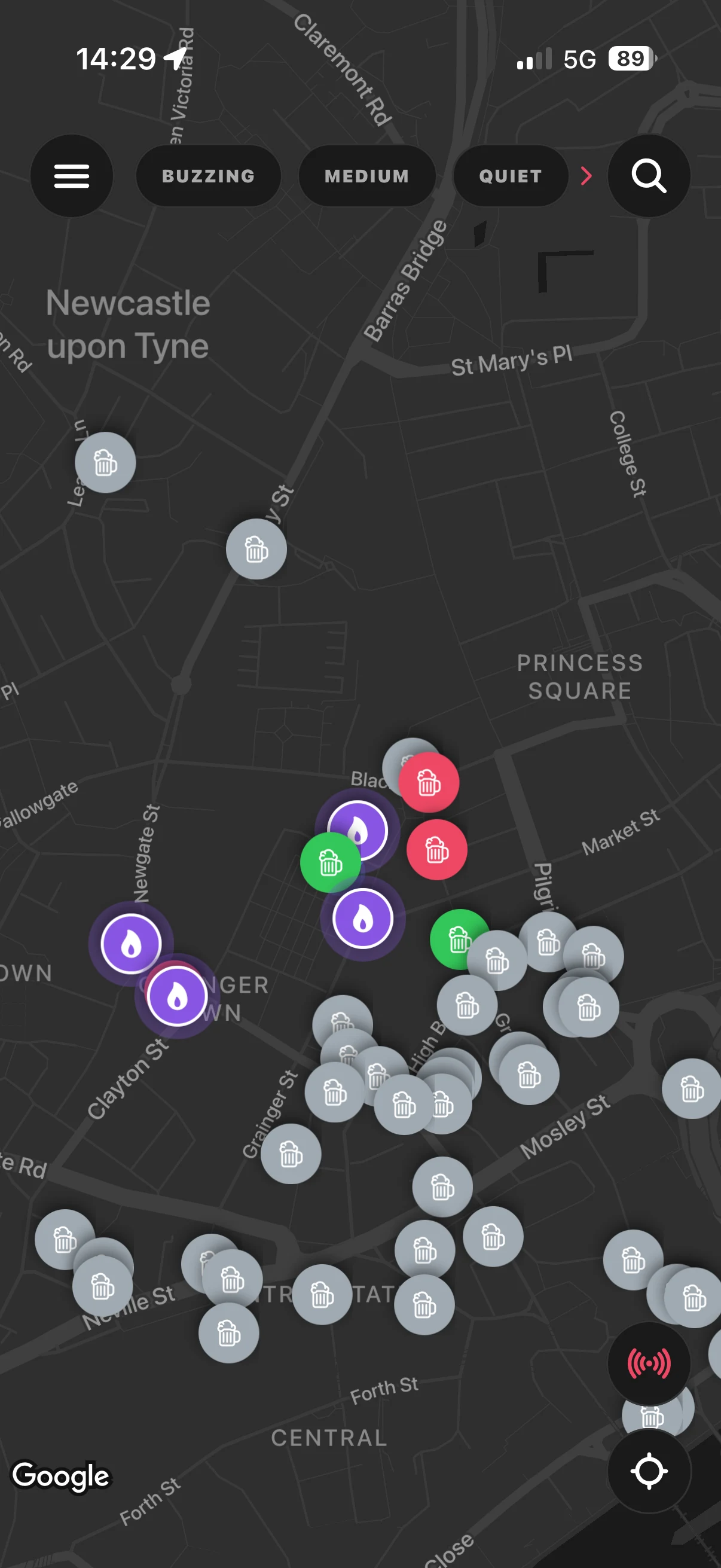 Barz live nightlife map showing venues across Newcastle.