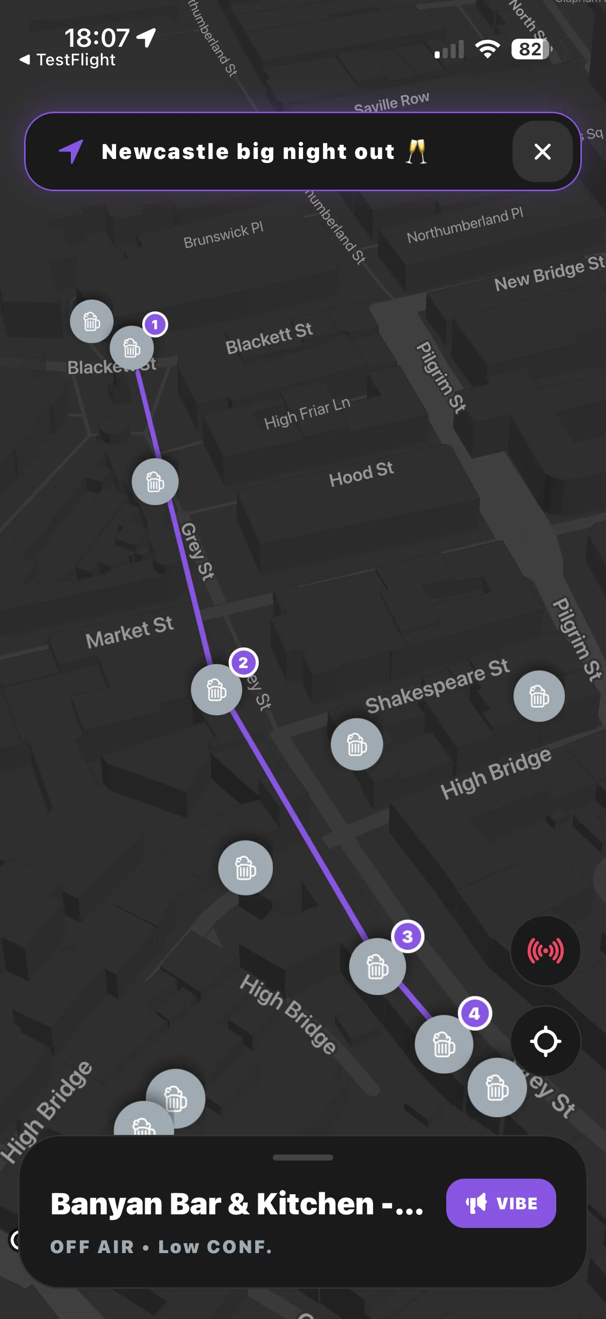 Barz map showing the Newcastle big night out route with four numbered venue stops.