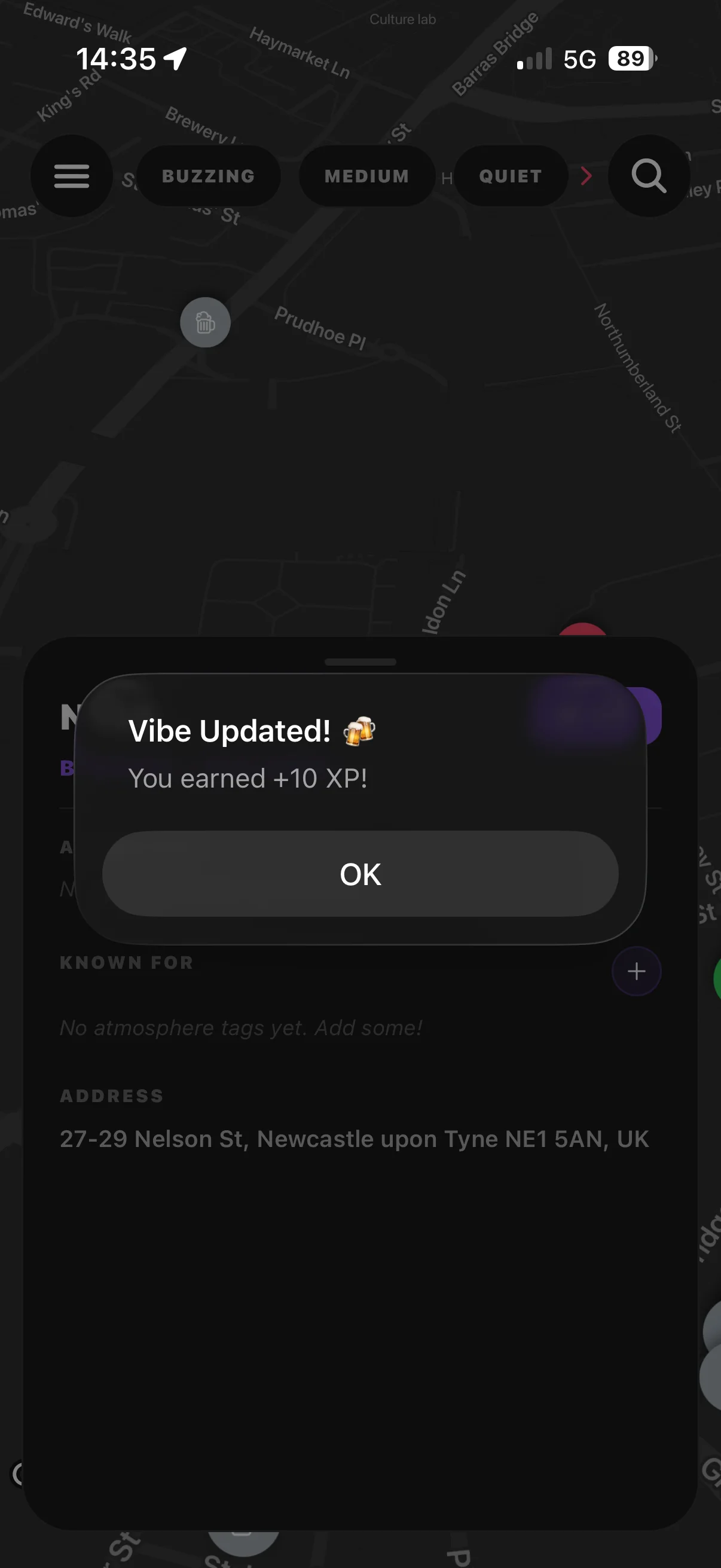 Barz confirmation message showing a successful vibe update and 10 XP earned.