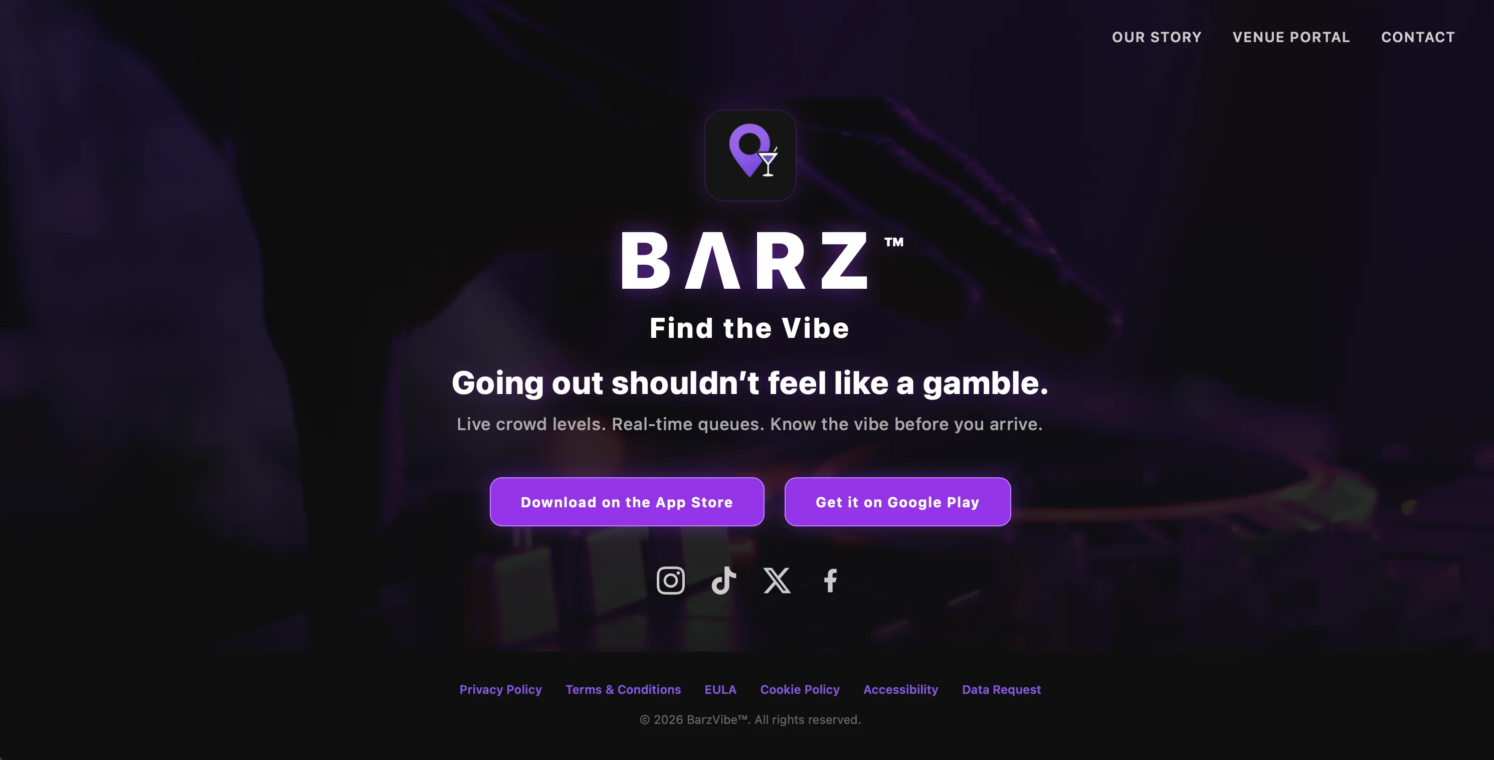Barz website homepage showing branding, app download buttons and supporting links.